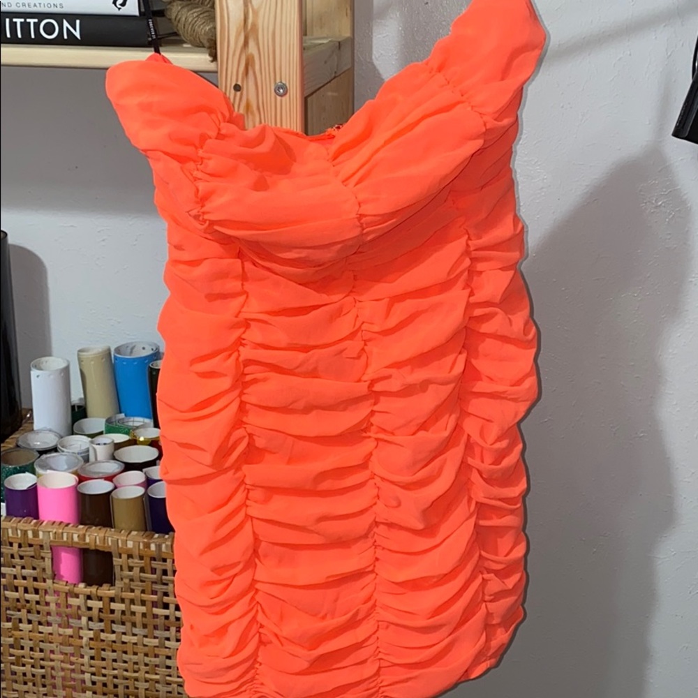 neon coral ruched mini dress
